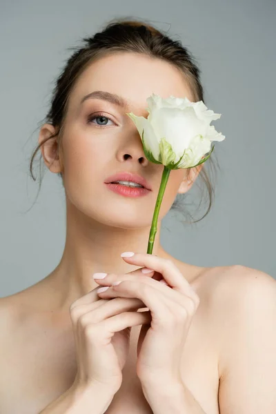 Young Woman Naked Shoulders Perfect Skin Obscuring Face White Rose — Stockfoto