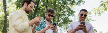 Kaygısız Afrikalı Amerikalı adam yeşil parktaki son moda güneş gözlüklü arkadaşlarının yanında akıllı telefon kullanıyor.
