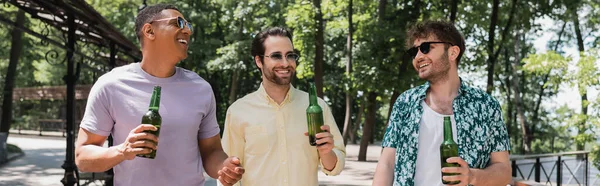 Veselé Mezirasové Přátelé Módních Šatech Slunečních Brýlích Procházky Pivem Zeleném — Stock fotografie