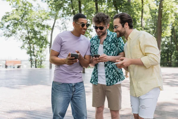 쾌활하게 스마트폰을 사용하고 공원에서 선글라스를 친구들 이야기하는 미국인 — 스톡 사진