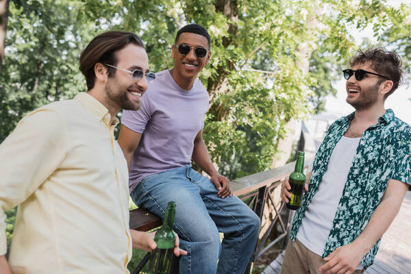 Улыбающиеся межрасовые мужчины в солнечных очках, держащие бутылки пива в парке летом 