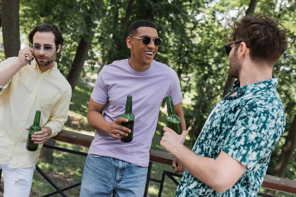 Африканский американец в солнечных очках держит бутылку пива, проводя время с друзьями в парке 