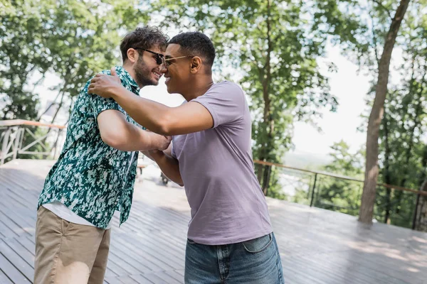 stock image Cheerful interracial men in sunglasses meeting in summer park 