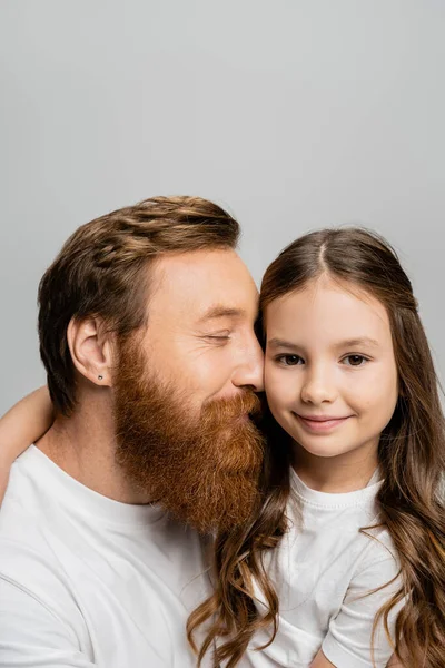Smiling Girl Hugging Bearded Father Looking Camera Isolated Grey — Stock Photo, Image