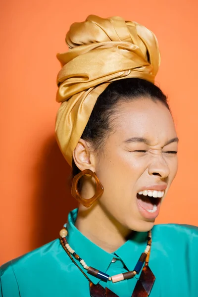 Stylish African American Woman Headscarf Screaming Orange Background — Stock Photo, Image