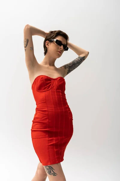 Low Angle View Tattooed Woman Sunglasses Red Corset Dress Posing — Stock Photo, Image