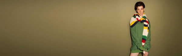 Μελαχρινή Γυναίκα Κομψό Πουλόβερ Και Ριγέ Πολύχρωμο Κασκόλ Στέκεται Πράσινο — Φωτογραφία Αρχείου
