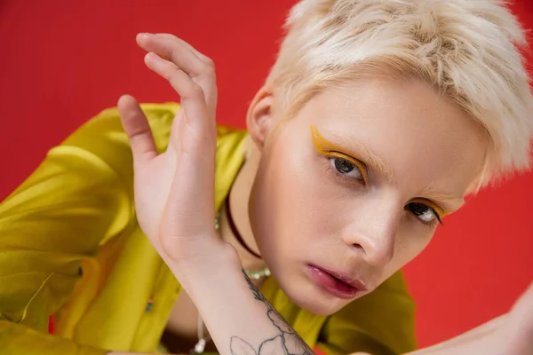 stock image blonde albino woman with bright eyeliner and tattoo looking at camera while posing on carmine pink 
