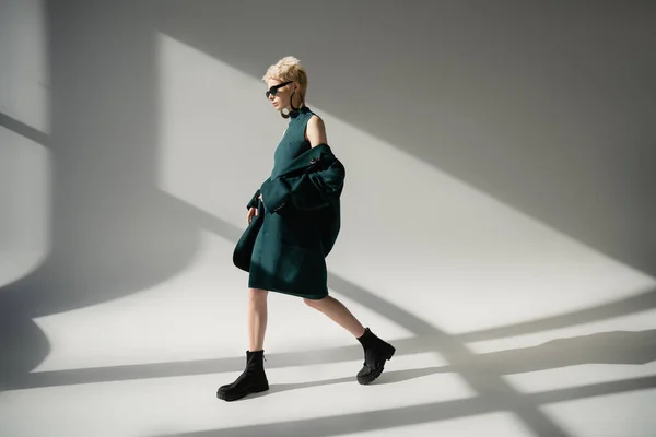 Full Length Blonde Woman Fair Skin Walking Dress Coat Grey — Stock Photo, Image