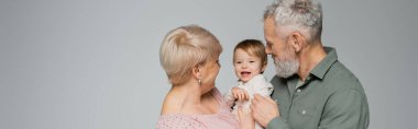 mature woman with bearded husband looking at cheerful toddler granddaughter isolated on grey, banner clipart