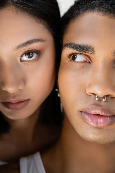Close Portrait Cropped Asian Woman African American Man Silver Piercing — Stok Foto