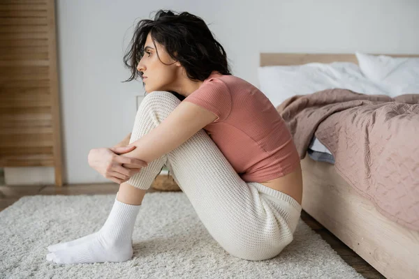 Side View Depressed Woman Pajama Sitting Bed Home — Stock Photo, Image