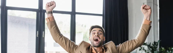 Hombre Negocios Lleno Alegría Gritando Mostrando Gesto Ganar Oficina Pancarta —  Fotos de Stock