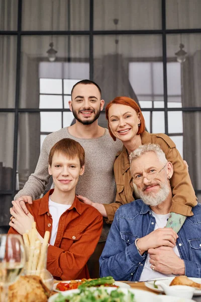Joyful Middle Aged Parents Young Gay Couple Smiling Camera Blurred — Stock Photo, Image