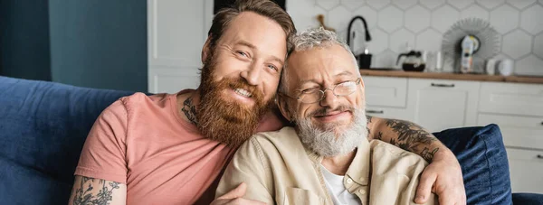 Smiling Gay Man Hugging Mature Partner Home Banner — Stock Photo, Image
