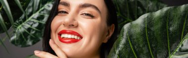 positive woman with brunette hair and red lips smiling while posing around exotic and green palm leaves with raindrops on them and looking at camera, banner  clipart