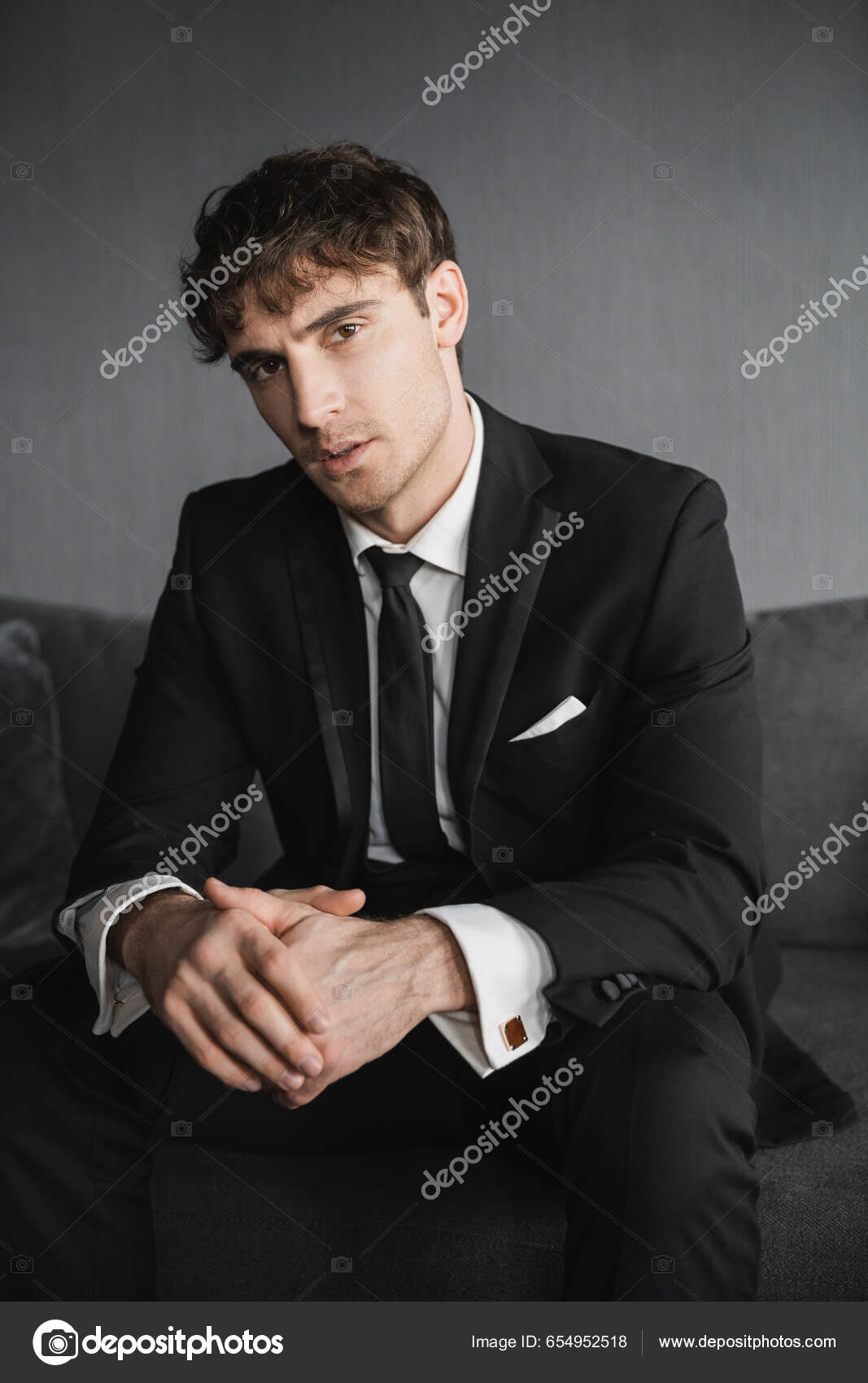 Portrait Good Looking Young Groom Black Suit White Shirt Tie