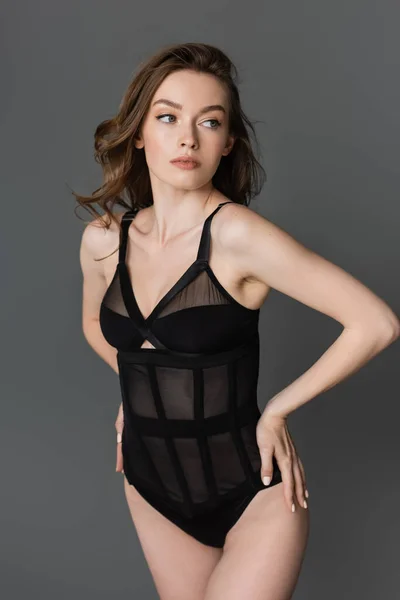 Portrait Fashionable Confident Young Brunette Woman Slim Body Posing Black — Stock Photo, Image