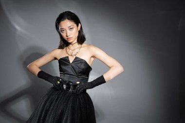 charming asian young woman with short hair posing in black strapless dress with tulle skirt touching belt and looking at camera on grey background, wet hairstyle, golden jewelry  clipart