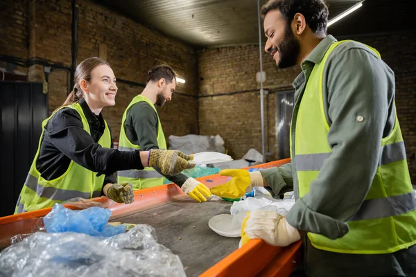 Cheerful Sorter High Visibility Vest Gloves Giving Plastic Trash Indian — Stock Photo, Image