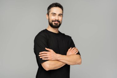 Smiling brunette and bearded man in casual black t-shirt crossing arms and looking at camera while standing isolated on grey, masculine beauty concept, confident and charismatic  clipart
