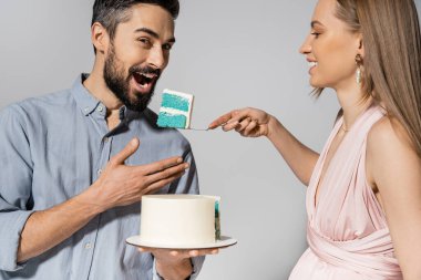 Smiling and elegant pregnant woman feeding husband with blue cake during gender party celebration isolated on grey, expecting parents concept happiness, it`s a boy clipart