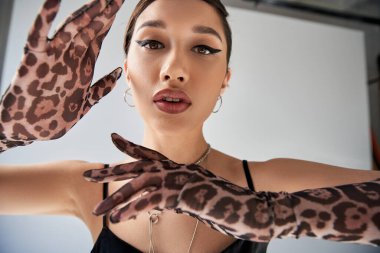 portrait of elegant asian woman with bold makeup and expressive gaze, in black strap dress and animal print gloves looking at camera on grey background, spring fashion photography clipart