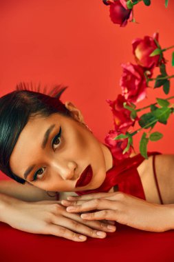 portrait of young and appealing asian fashion model with bold makeup and brunette hair looking at camera while laying on table near roses on red background, stylish spring, fashion shoot clipart