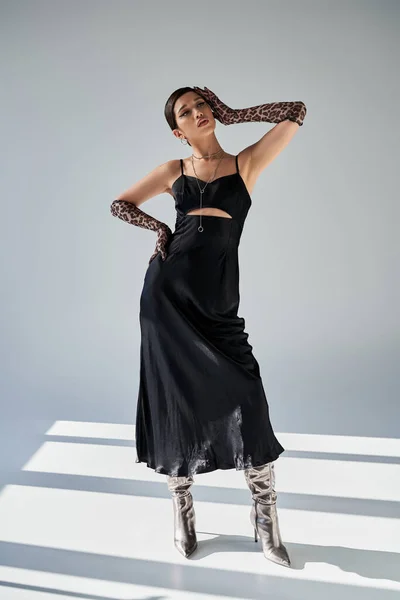 Full Length Glamour Asian Woman Posing Hand Hip Black Strap — Stock Photo, Image