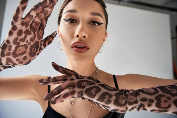 stock image portrait of elegant asian woman with bold makeup and expressive gaze, in black strap dress and animal print gloves looking at camera on grey background, spring fashion photography