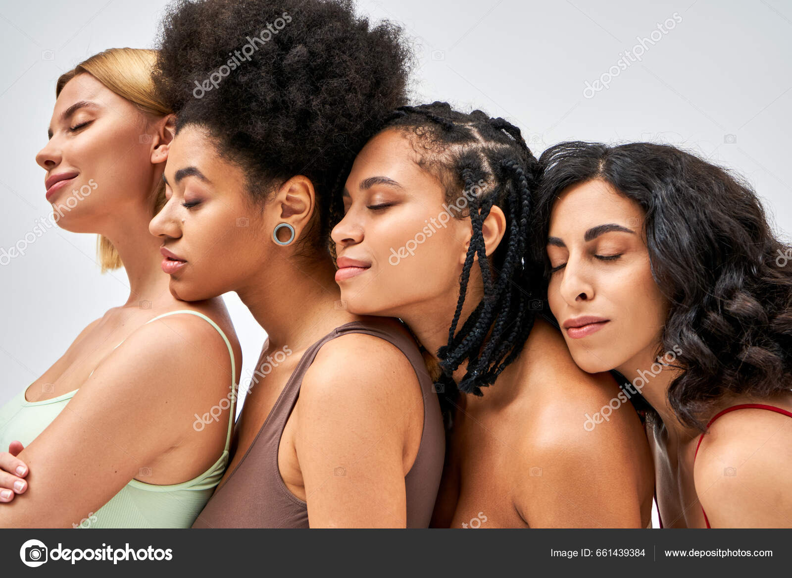 Multiethnic Women Colorful Bras Standing Next Each Other Closing Eyes Stock  Photo by ©AllaSerebrina 661439384