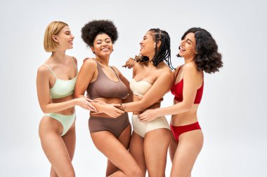 Renkli iç çamaşırları içinde neşeli çoklu etnik kadınlar Afrikalı Amerikalı dostlarına sarılıp poz verirken gri, farklı vücut tipleri ve kendini beğenmişlik kavramlarıyla izole edilmiş bir şekilde duruyorlar.