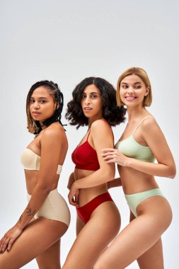 Smiling blonde woman in lingerie looking away while standing near multiethnic friends and posing isolated on grey, different body types and self-acceptance concept, multicultural models clipart