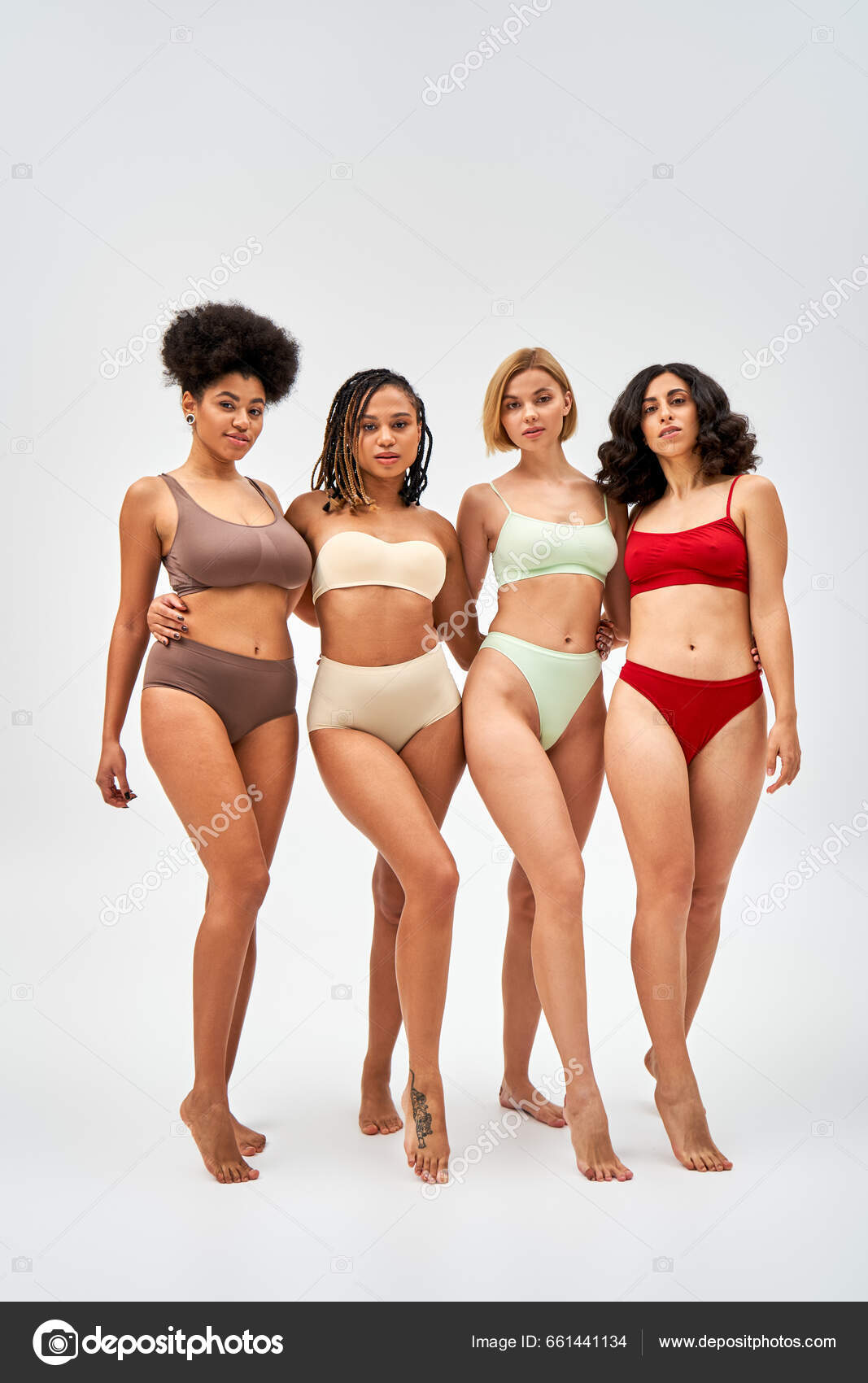 Full Length Sexy Barefoot Multiethnic Women Colorful Lingerie Hugging  Looking Stock Photo by ©AllaSerebrina 661441134
