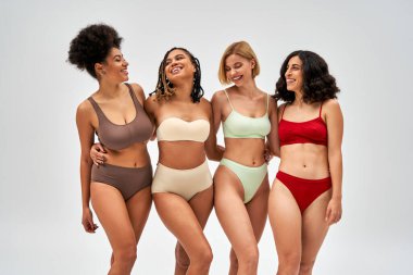 Renkli iç çamaşırlarıyla birbirine sarılıp gri, çok kültürlü modeller ve vücut pozitifliği konsepti üzerinde tek başına duran pozitif ve çok ırklı kendinden emin kadınlar.