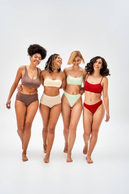 Renkli iç çamaşırlı, kendinden emin ve pozitif çok ırklı kadınların tam uzunluğunda gri arka plan, çok kültürlü modeller ve vücut pozitifliği konseptiyle sarılıp yürümeleri.