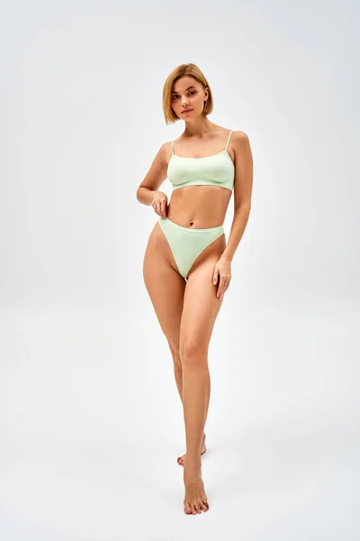Full Length Confident Young Blonde Woman Light Green Lingerie Looking — Stock Photo, Image