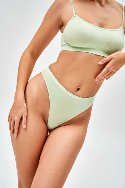 Cropped View Seductive Young Model Light Green Bra Panties Touching — Stock Photo, Image