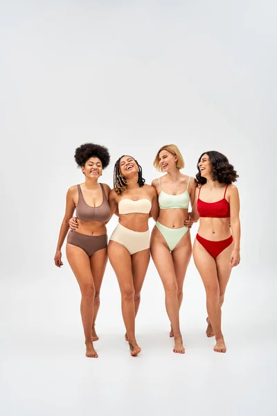Full Length Cheerful Barefoot Multiethnic Women Colorful Lingerie Hugging Walking — Stock Photo, Image