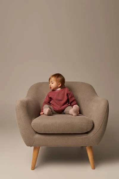 Cute Baby Girl Toddler Casual Attire Sitting Comfortable Armchair Grey — Stock Photo, Image