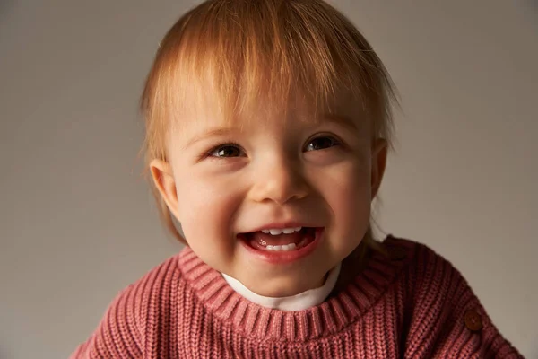 Portré Aranyos Kislány Kisgyermek Kisgyerek Alkalmi Öltözékben Nézi Kamera Szürke — Stock Fotó