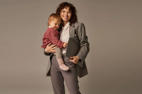 Work Life Harmony Happy Working Mother Holding Laptop Toddler Daughter — Stock Photo, Image