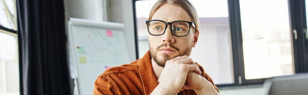 Portrait Serious Thoughtful Bearded Businessman Eyeglasses Trendy Shirt Holding Hands — Stock Photo, Image