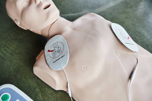 high angle view of cardiopulmonary resuscitation training manikin with defibrillator pads on floor in training room, medical equipment for first aid training and skills development