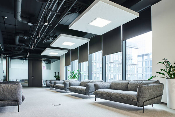 просторный зал ожидания с серыми и удобными диванами, зелеными натуральными растениями и большими окнами в современном коворкинге, концепция организации рабочего пространства