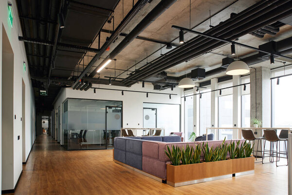 просторный и современный офисный зал с мягким и удобным диваном, большими окнами, стульями и зелеными насаждениями, концепция организации рабочего пространства
