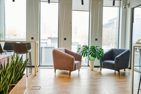 spacious office lounge with large windows, cozy and comfortable armchairs, green and natural plants in modern coworking environment, workspace organization concept