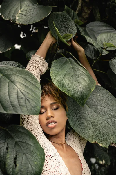 stock image Portrait of young and stylish african american woman with makeup wearing knitted top while standing near green leaves of plant in indoor garden, fashion-forward lady in tropical oasis