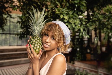 Smiling young african american woman with braces and headscarf holding fresh pineapple and looking at camera in blurred orangery, stylish woman wearing summer outfit surrounded by tropical foliage clipart