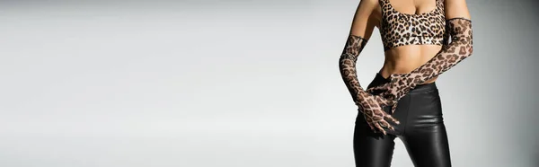 スレンダーな体とスタイリッシュな衣装を持つ表現とセクシーな女性のクロップドビュー黒ラテックスパンツでポーズ 動物のプリント作物トップとグレーの背景に長い手袋 コピースペースとバナー — ストック写真